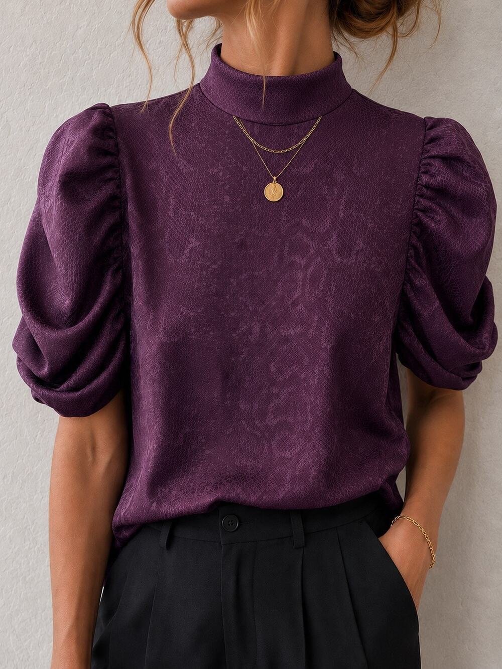 TED BAKER Plum Purple Snake Print Puff Sleeve Mock Neck Blouse | Size 3 Medium